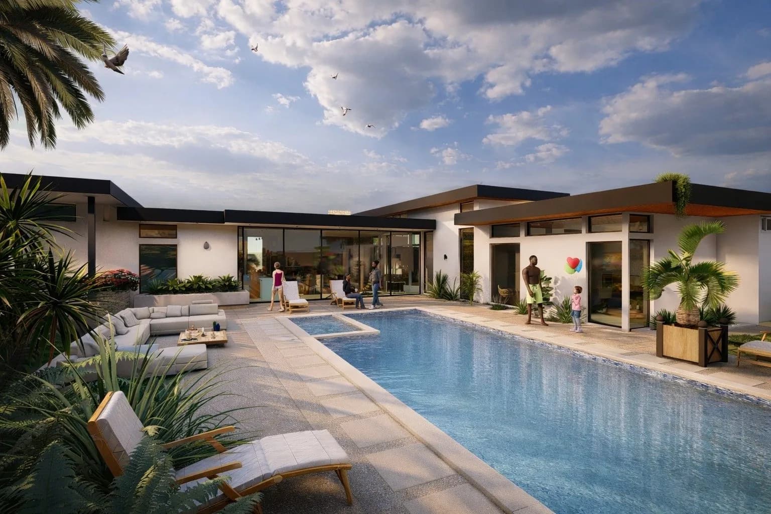 Rendu 3D — visuel de projet : façade et terrasse avec piscine d'une villa en projet